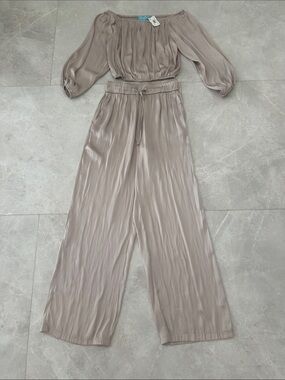 Light Taupe Wide-Leg Satin Pants with Drawstring Waist